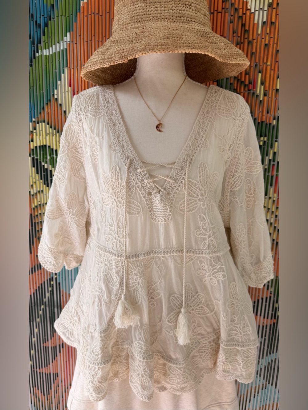 POL Cream Lace-Embroidered Peasant Top with Tassel Tie